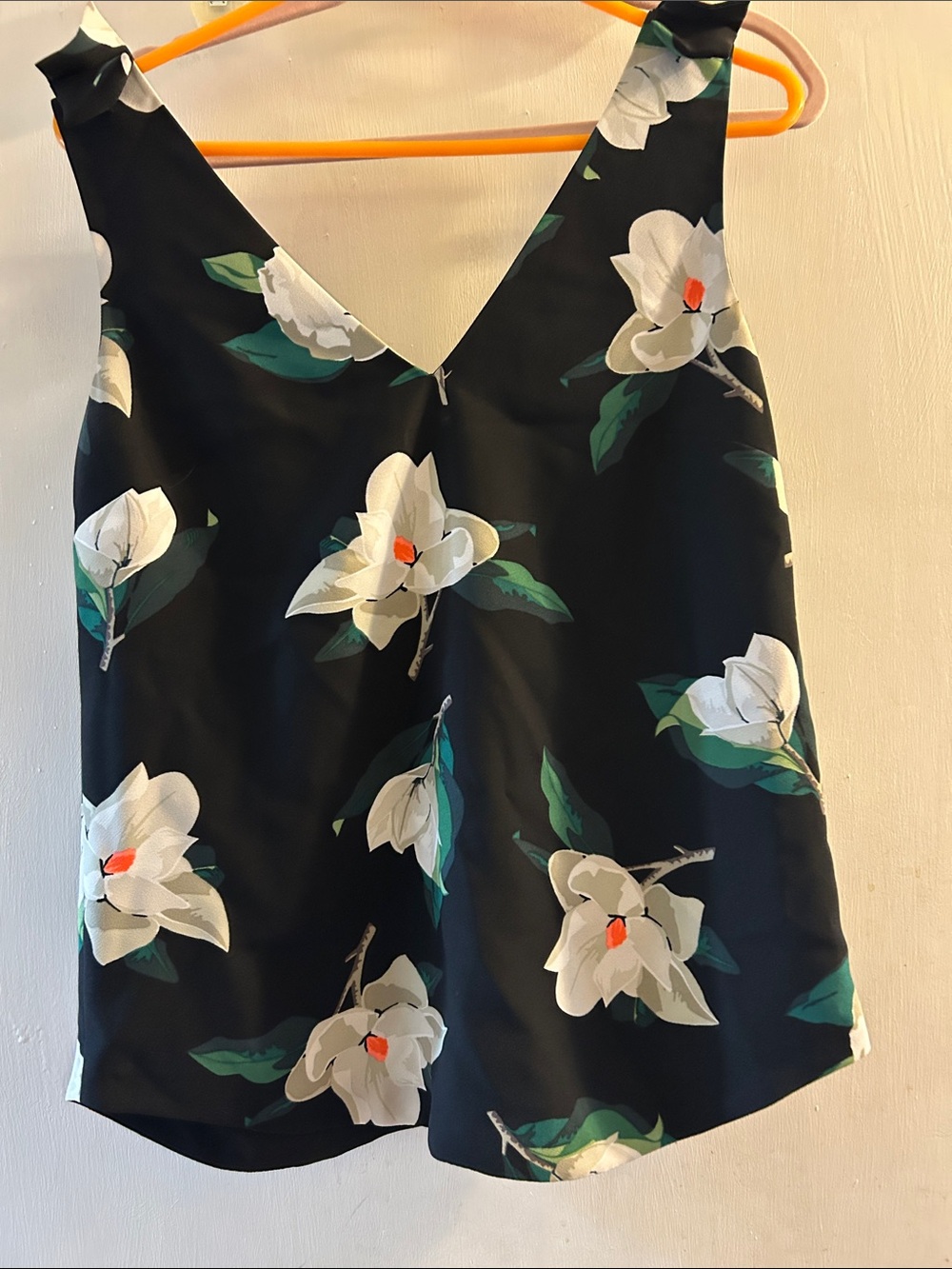 Banana Republic Black Tank Top with White & Green Floral Accents